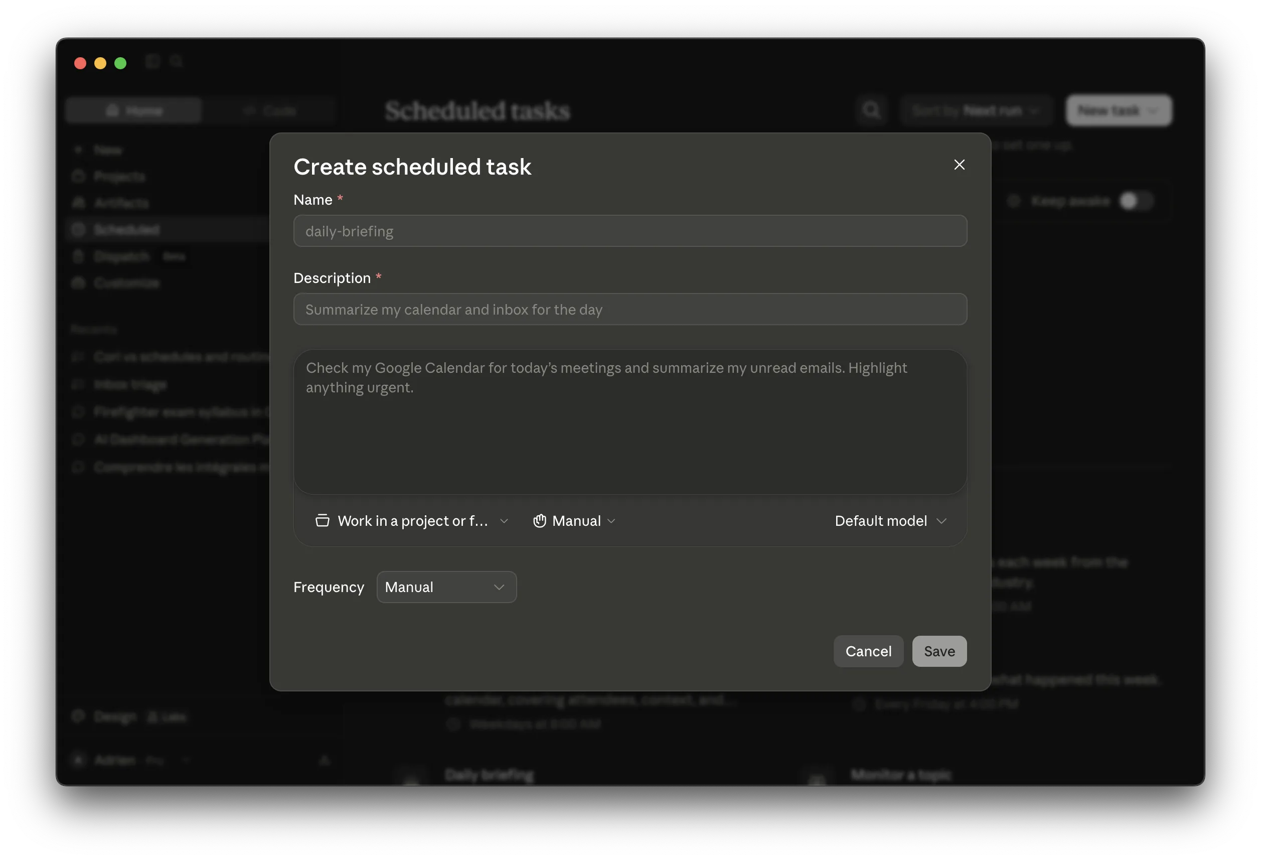 Claude's Create scheduled task dialog, with a name, description, and a free-text prompt