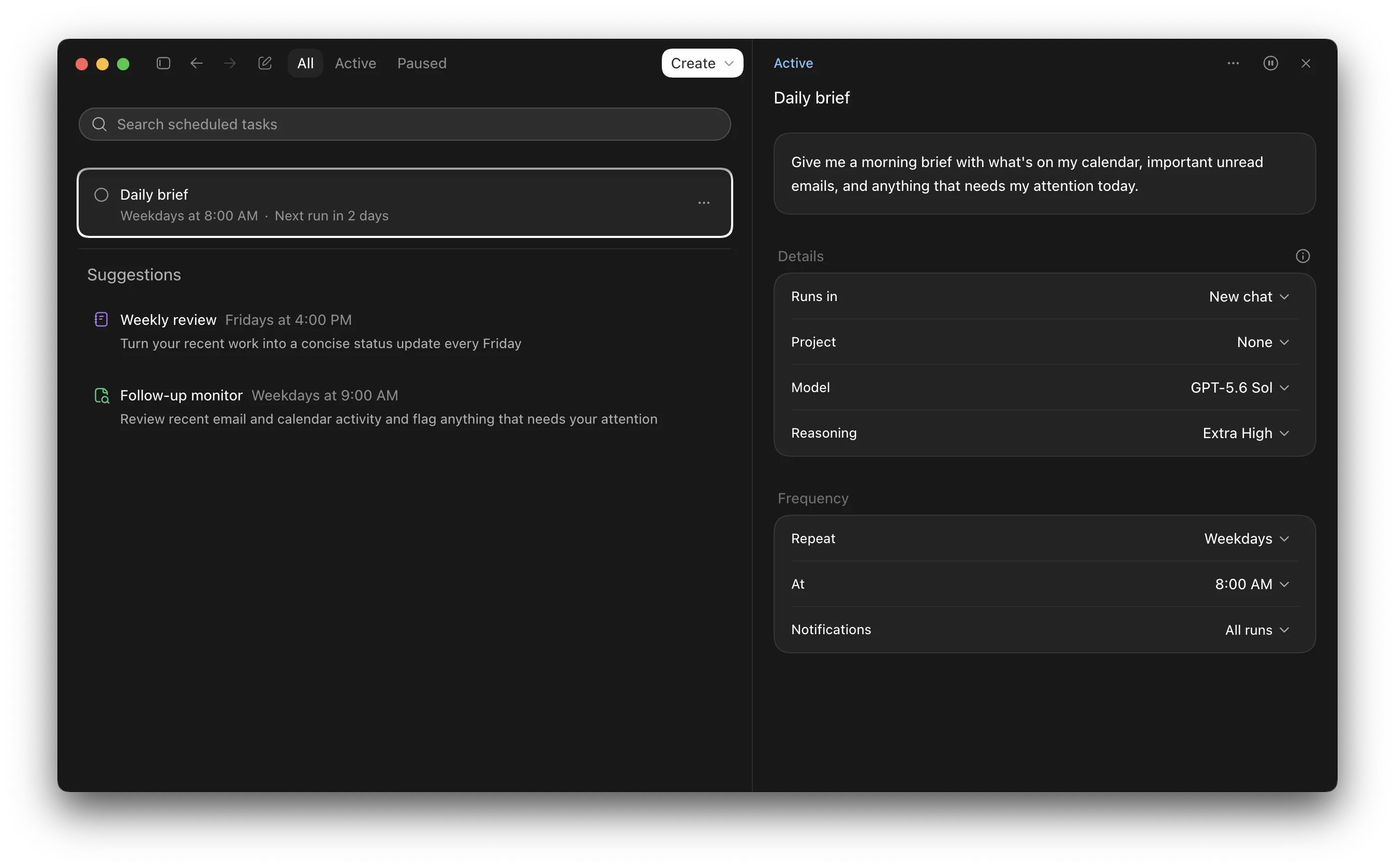 Codex's scheduled tasks panel, showing a Daily brief task re-running a prompt every weekday at 8am